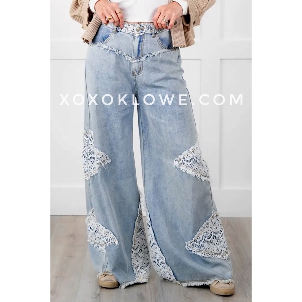 POL Vintage Washed Lace Patched Wide Leg Jeans
